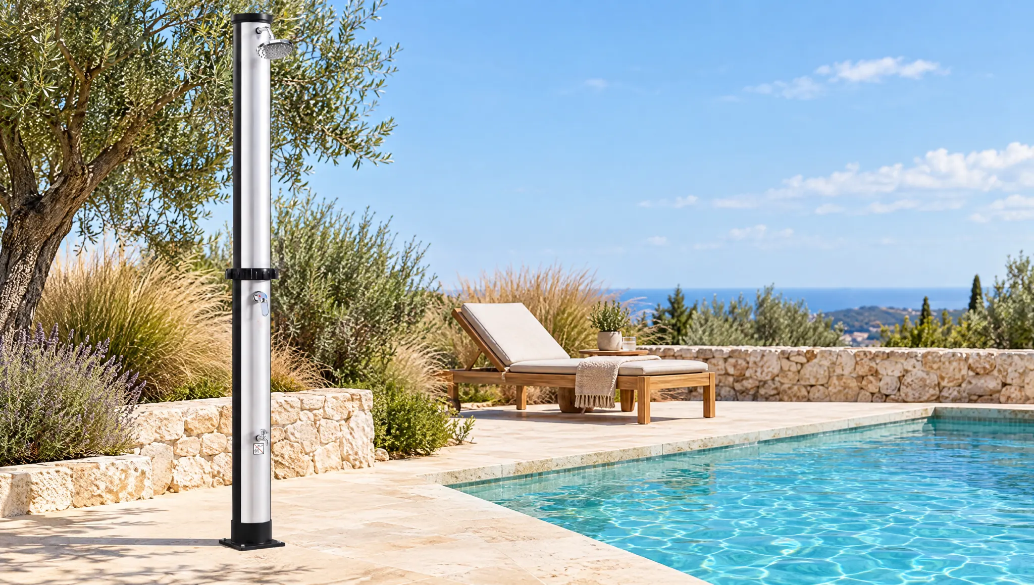 Douche solaire extérieure argent et noir dressée au bord d'une piscine, sur une plage en pierre, à côté d'une haie